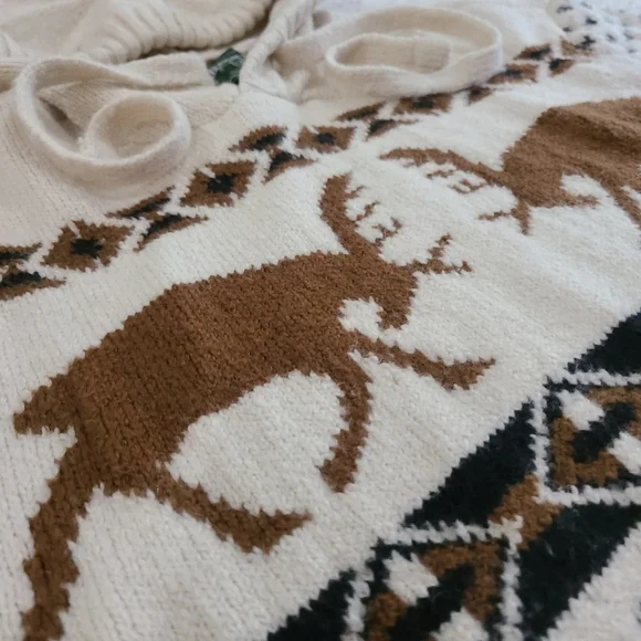 American Eagle Knit Hooded Pullover Deer Sweater Cream Mens Medium Winter FallE - Picture 3 of 9